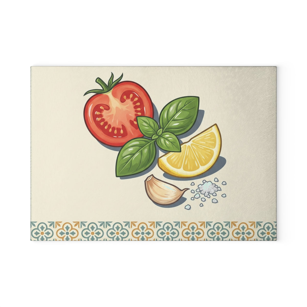 Decorative glass cutting board with a tomato, lemon, basil, and garlic design on a beige background.
