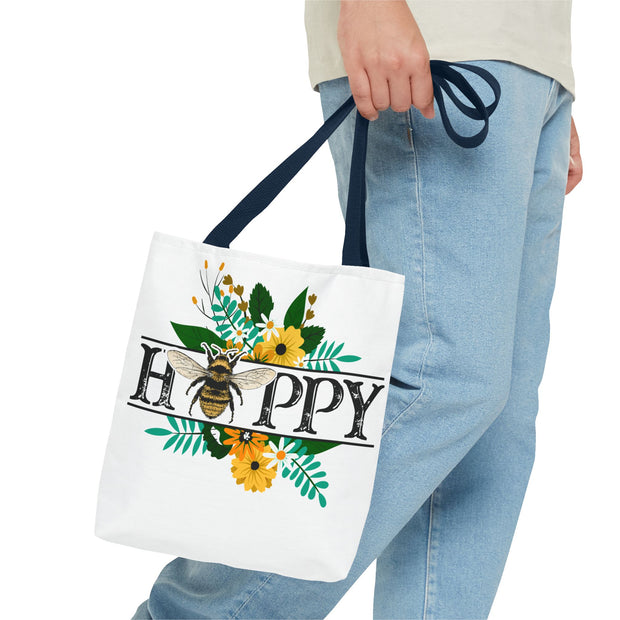 Happy Bee Floral Tote Bag, Bright Shopper, Eco-Friendly Gift, Spring Style, Mother's Day, Floral Design