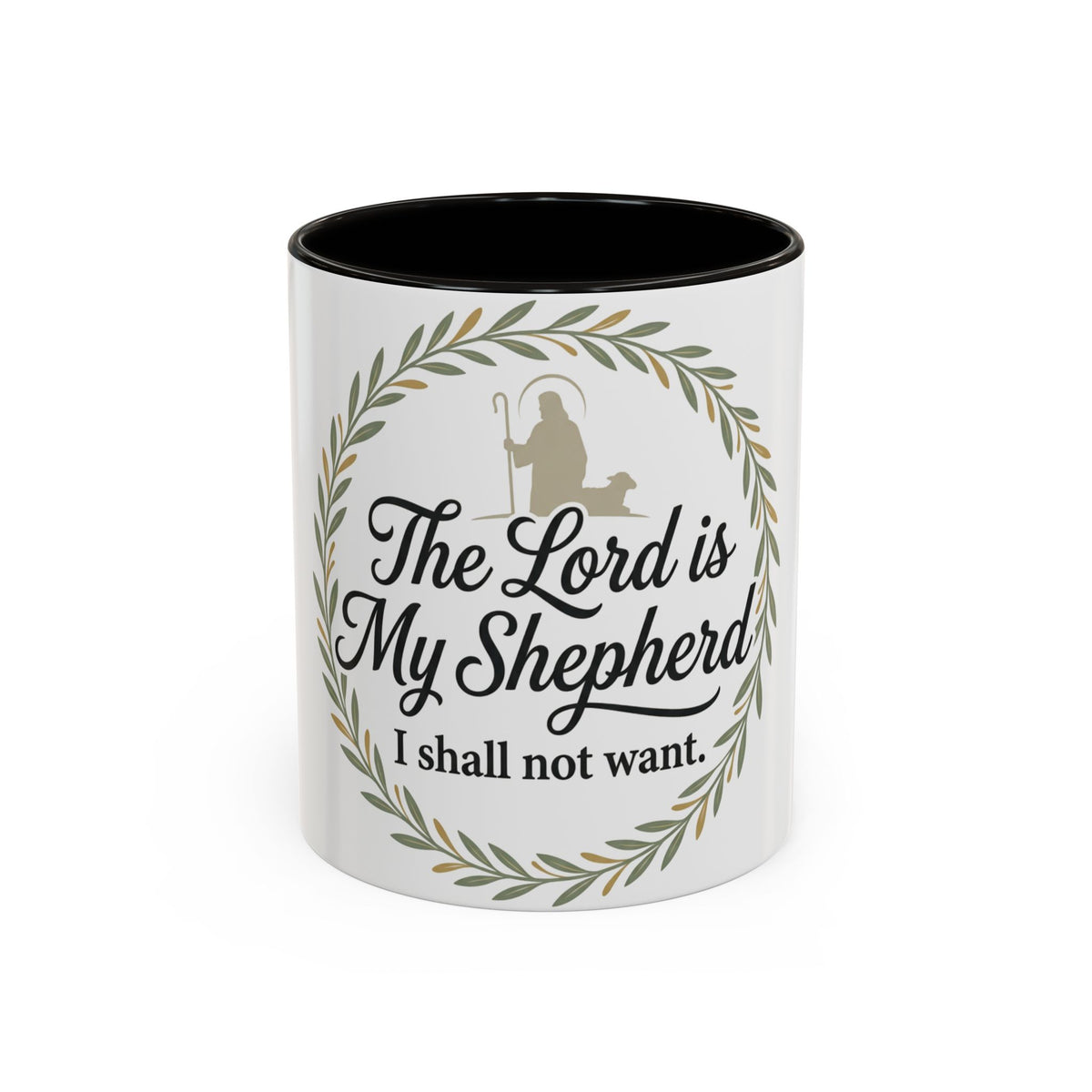 White mug with black interior, featuring a shepherd silhouette and Bible verse on a white background