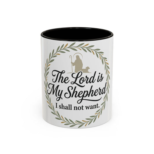 White mug with black interior, featuring a shepherd silhouette and Bible verse on a white background