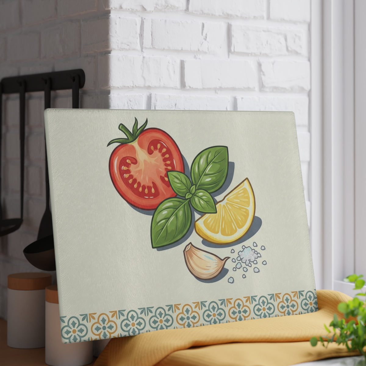 Tomato, Basil & Lemon Glass Cutting Board — Decorative Kitchen Chopping Board