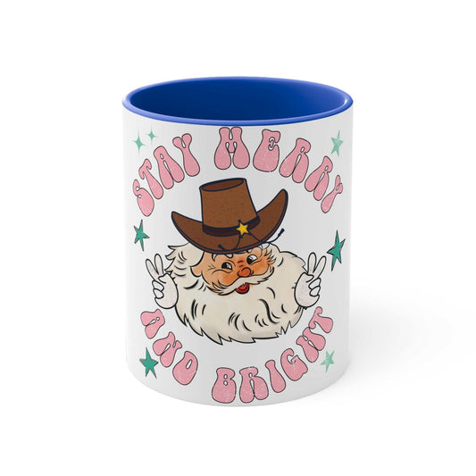Holiday Mug-11oz white ceramic mug with blue interior and Santa wearing a cowboy hat saying Stay Merry and Bright design
