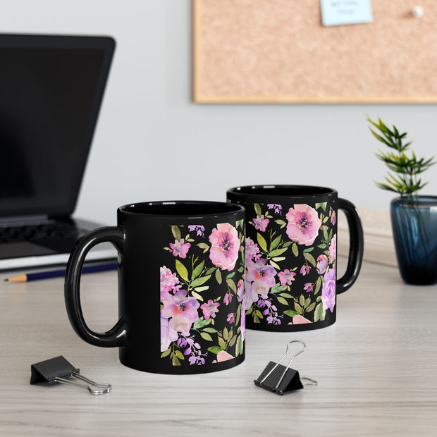 Black Ceramic Mug Floral (11oz, 15oz)