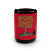 Black ceramic 15oz mug with glossy finish and "Gone Fishing" sign design
