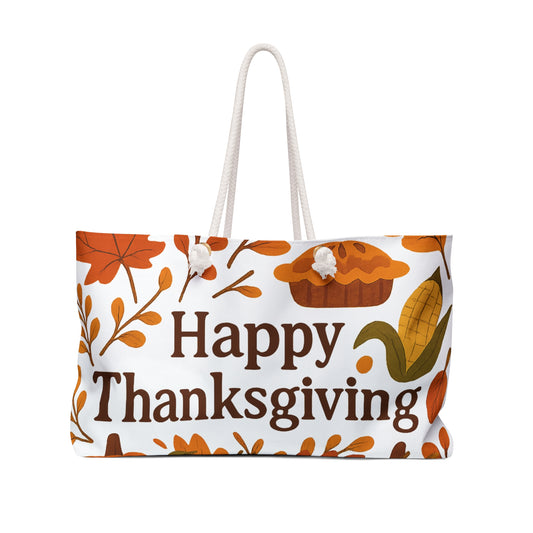 Tote bag with 'Happy Thanksgiving' text and fall-themed graphics on a white background