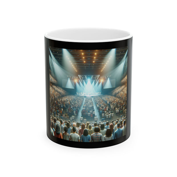 Mug with a design of a large auditorium with people and stage lights.