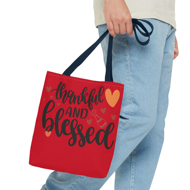 Thankful and Blessed Tote Bag, Gratitude Gift, Red AOP Bag, Fall Decor, Holiday Essentials, Everyday Use