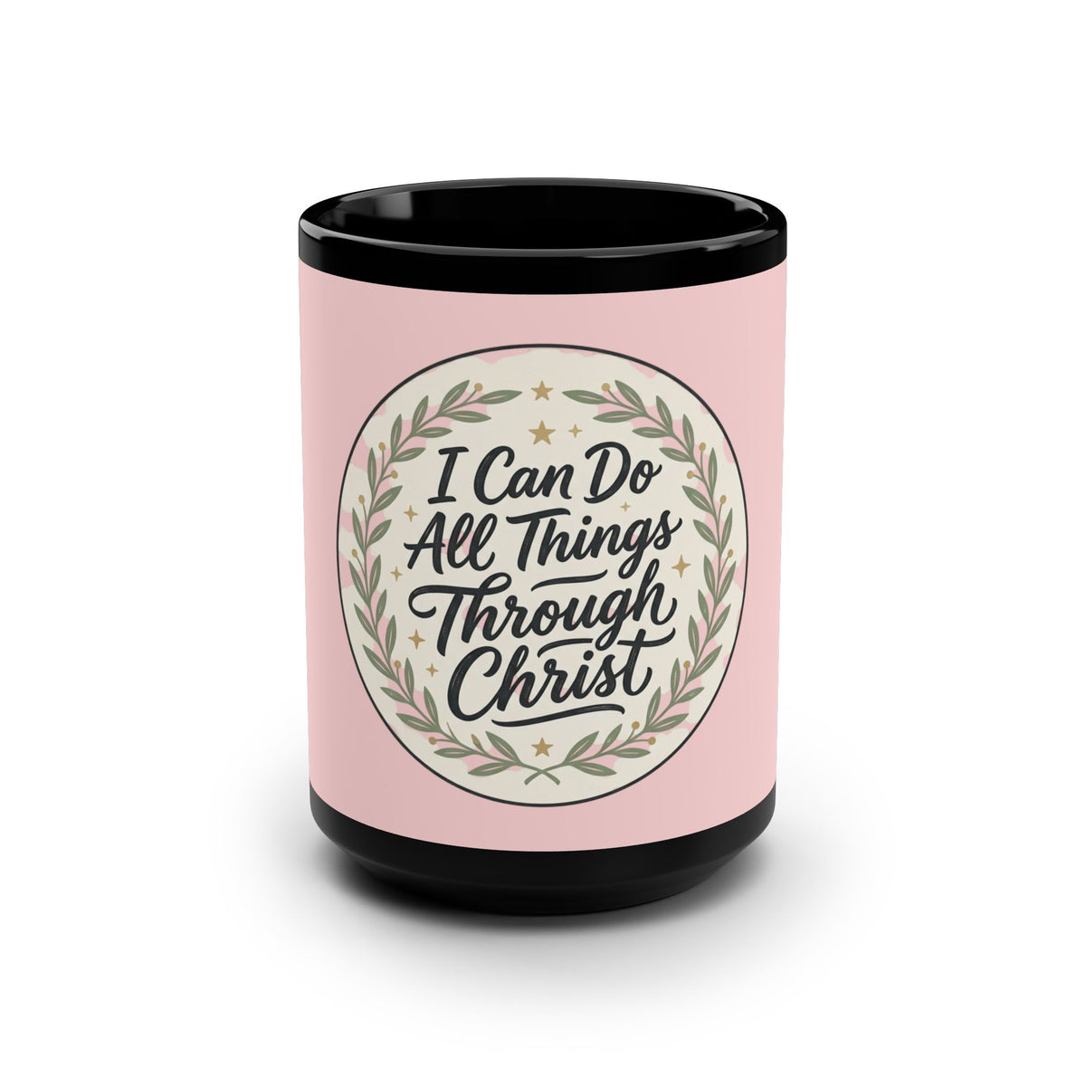 Pink mug with black interior and handle, featuring a motivational quote on a white background