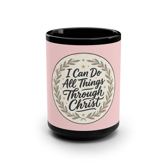 Pink mug with black interior and handle, featuring a motivational quote on a white background
