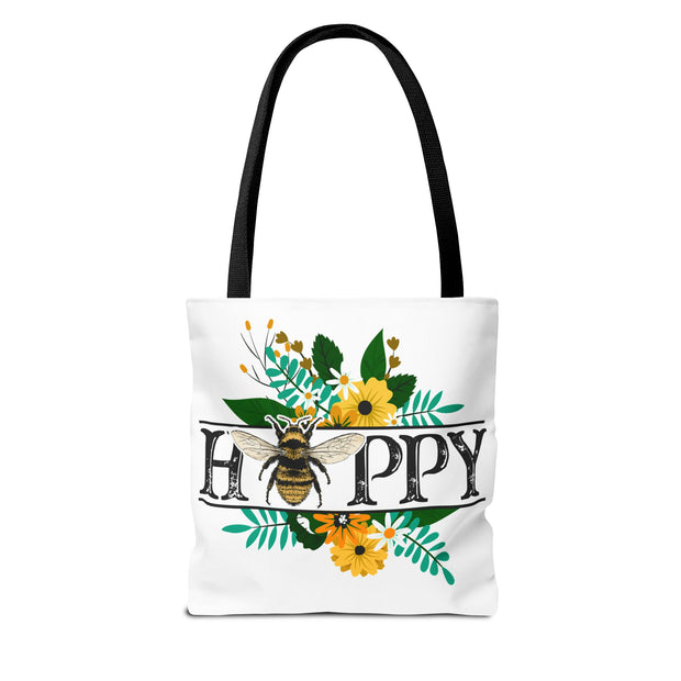 Happy Bee Floral Tote Bag, Bright Shopper, Eco-Friendly Gift, Spring Style, Mother's Day, Floral Design