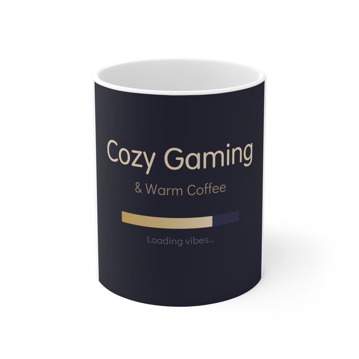 Black mug with 'Cozy Gaming & Warm Coffee' text on a white background