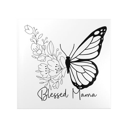 Black and white illustration of a butterfly and flowers with 'Blessed Mama' text on a white background