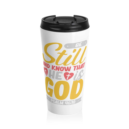 Irreplaceable item for a busy everyday life, this Be Still and Know stainless steel travel mug will keep drinks at the right temperature for hours on the go. High quality sublimation printing makes it an appreciated gift to every true coffee or tea lover.