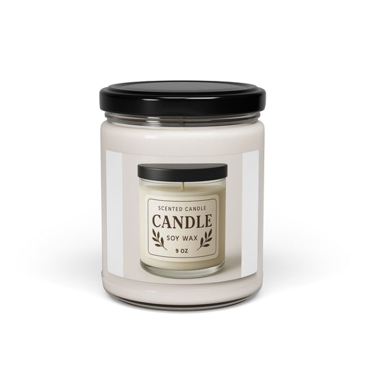 Scented candle in a glass jar with a black lid on a white background