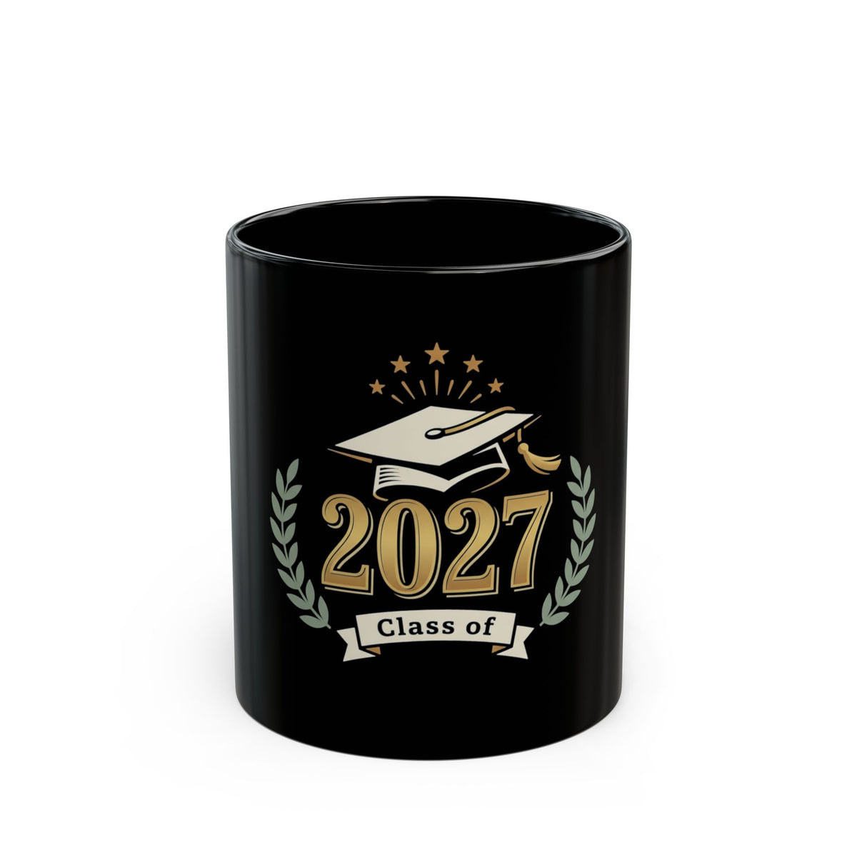 Black mug with '2027 Class of' design featuring a graduation cap and laurel wreath on a white background.