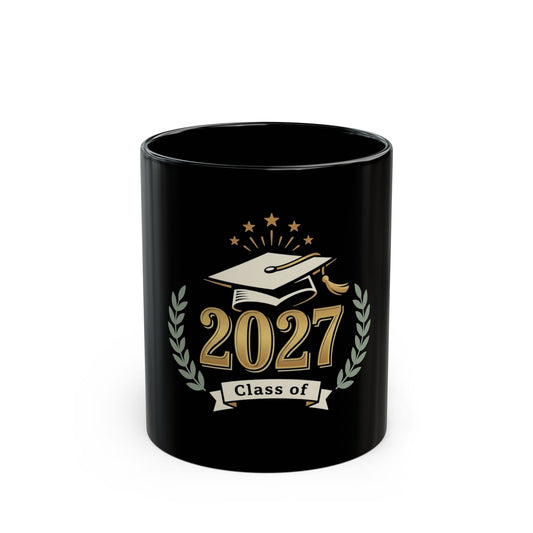 Black mug with '2027 Class of' design featuring a graduation cap and laurel wreath on a white background.