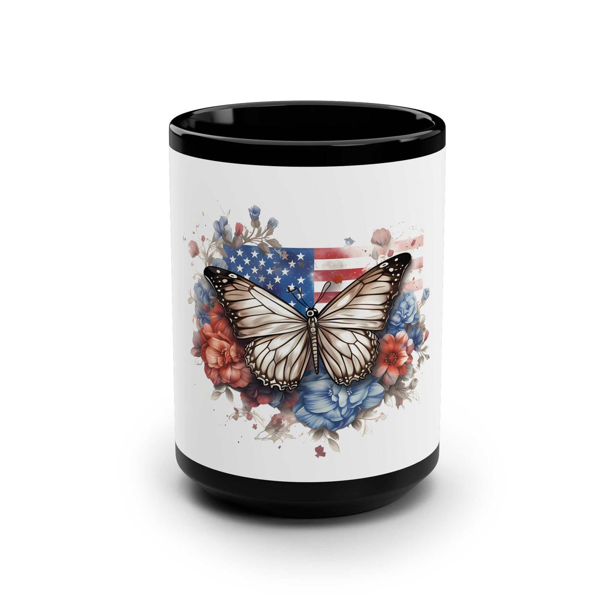 Black ceramic mug with American flag and butterfly design, 15oz, glossy finish and C-shaped handle