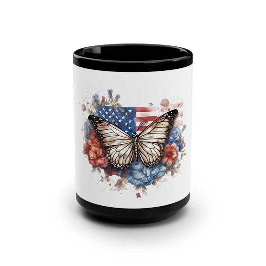 Black ceramic mug with American flag and butterfly design, 15oz, glossy finish and C-shaped handle