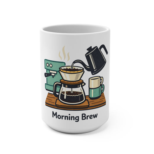 White mug with coffee-themed design and 'Morning Brew' text on a white background