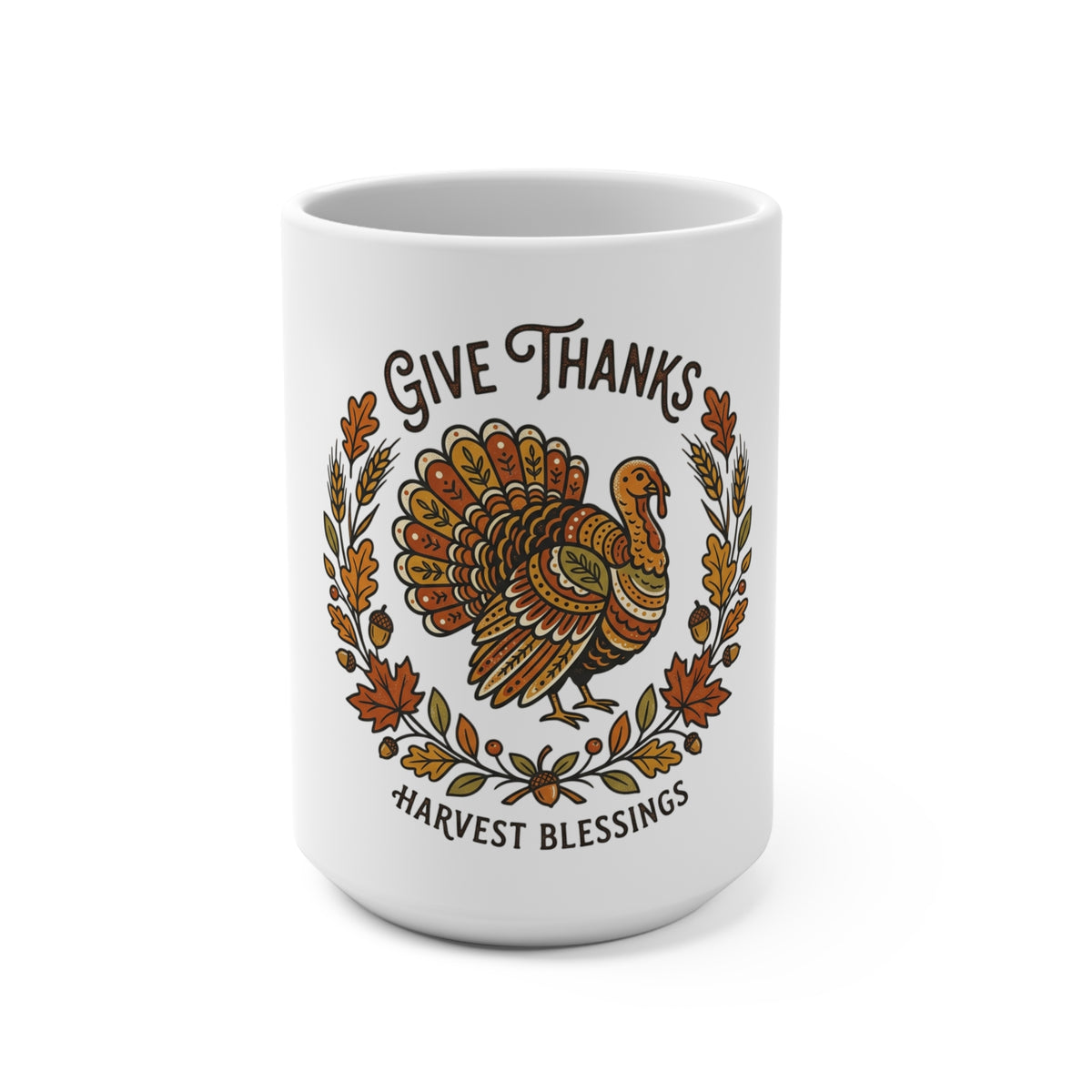White mug with a turkey design and 'Give Thanks, Harvest Blessings' text on a white background