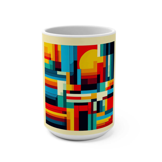 15oz ceramic coffee mug with vibrant colorful abstract geometric art design, microwave and dishwasher safe, ideal artistic gift and home decor tea cup