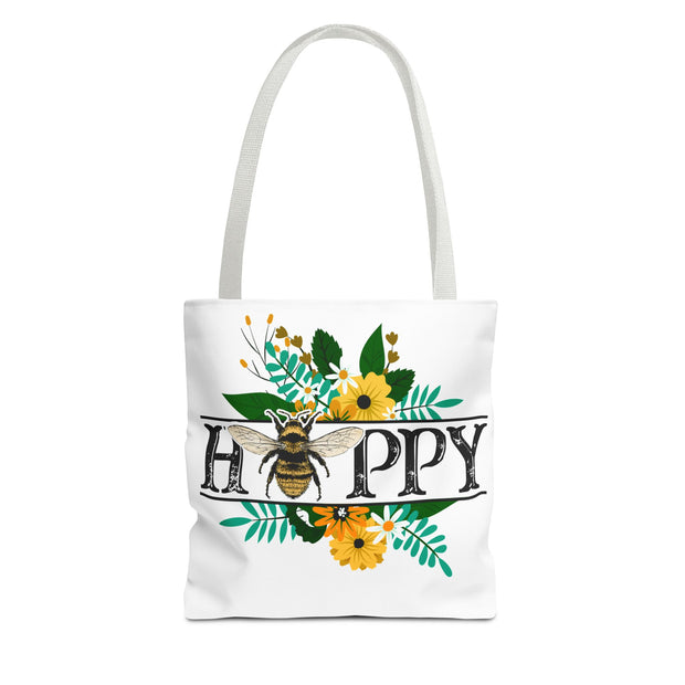 Happy Bee Floral Tote Bag, Bright Shopper, Eco-Friendly Gift, Spring Style, Mother's Day, Floral Design