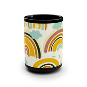 15oz retro design black ceramic mug with glossy finish and colorful rainbow pattern