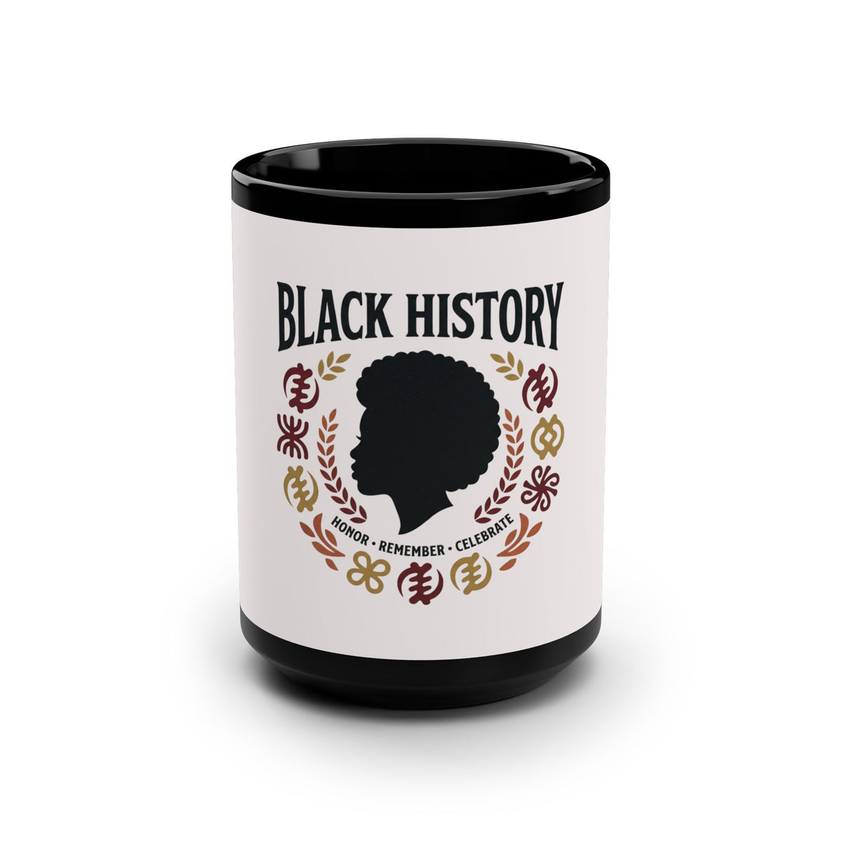 White mug with black interior, featuring a design of a silhouette and 'Black History' text on a white background.