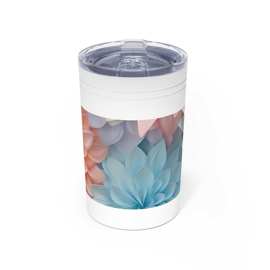 11oz vacuum insulated tumbler with double-wall stainless steel and colorful floral design with clear press-on lid