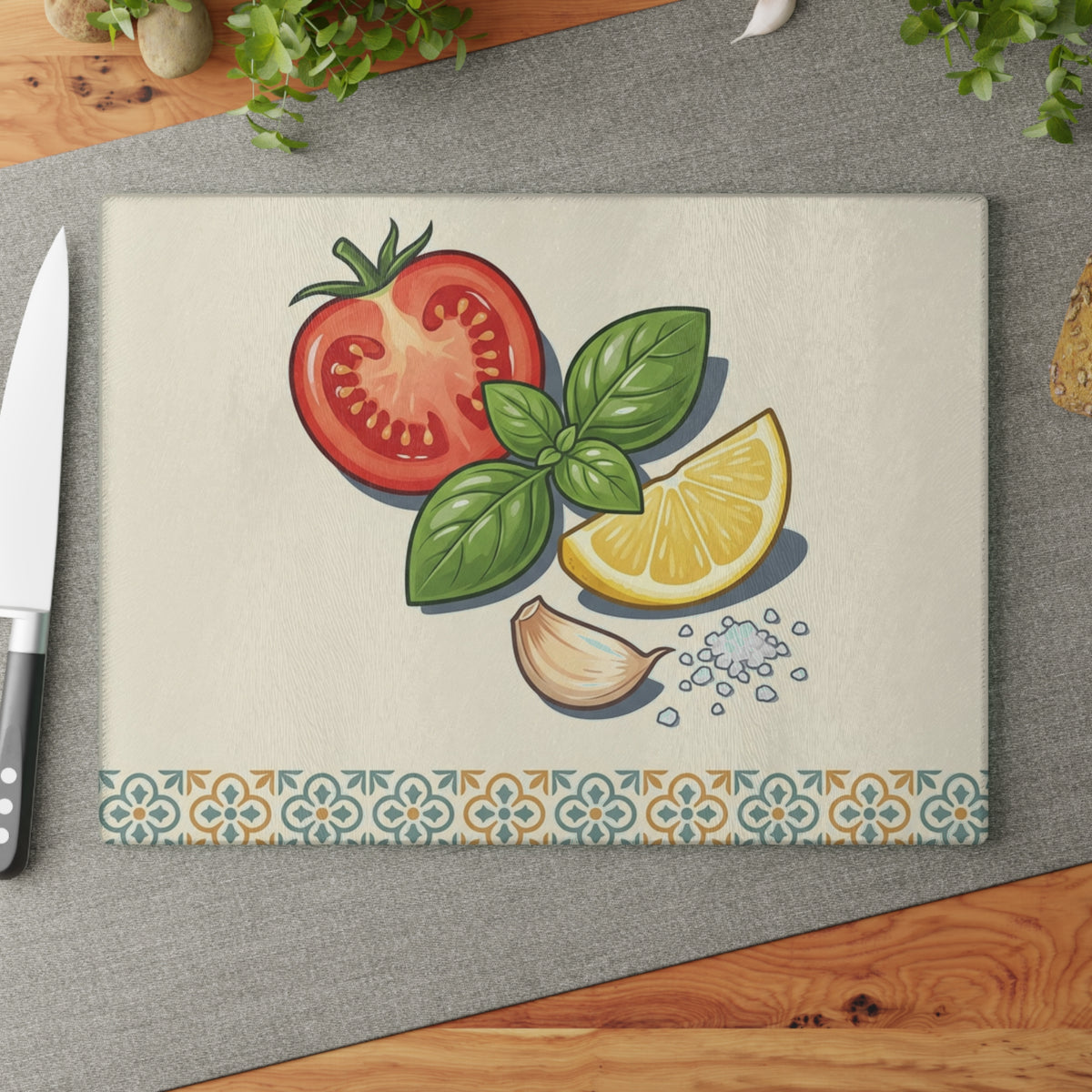 Tomato, Basil & Lemon Glass Cutting Board — Decorative Kitchen Chopping Board