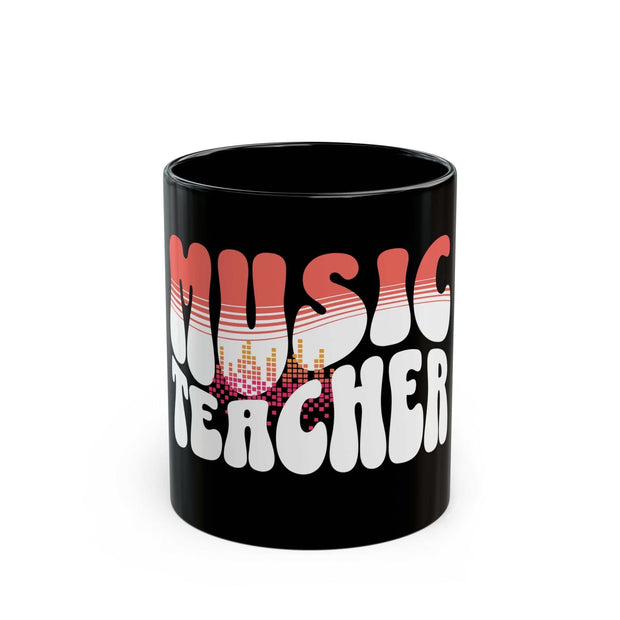 Black ceramic mug with "Music Teacher" text and colorful musical graphic design, available in 11oz and 15oz sizes