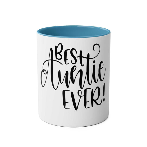 Two-tone 11oz ceramic coffee mug with blue interior and "Best Auntie Ever!" text design