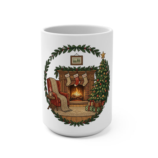 White mug with a Christmas-themed design featuring a fireplace, stockings, and tree.