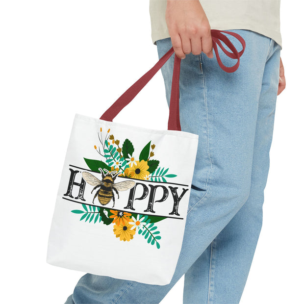 Happy Bee Floral Tote Bag, Bright Shopper, Eco-Friendly Gift, Spring Style, Mother's Day, Floral Design