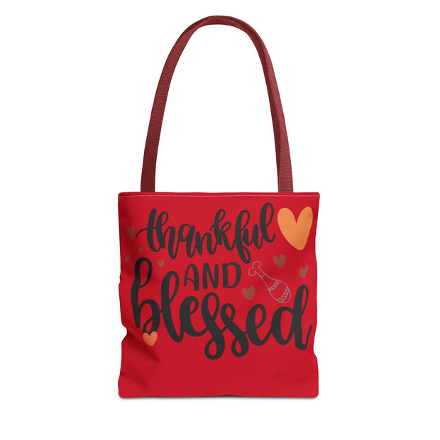 Thankful and Blessed Tote Bag, Gratitude Gift, Red AOP Bag, Fall Decor, Holiday Essentials, Everyday Use