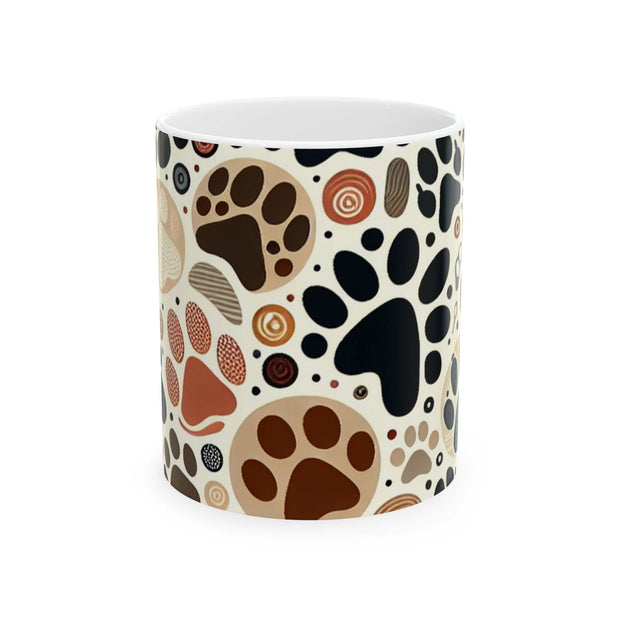 Paw Print Ceramic Mug with colorful dog paw designs, glossy finish, available in 11oz and 15oz sizes, microwave and dishwasher safe.