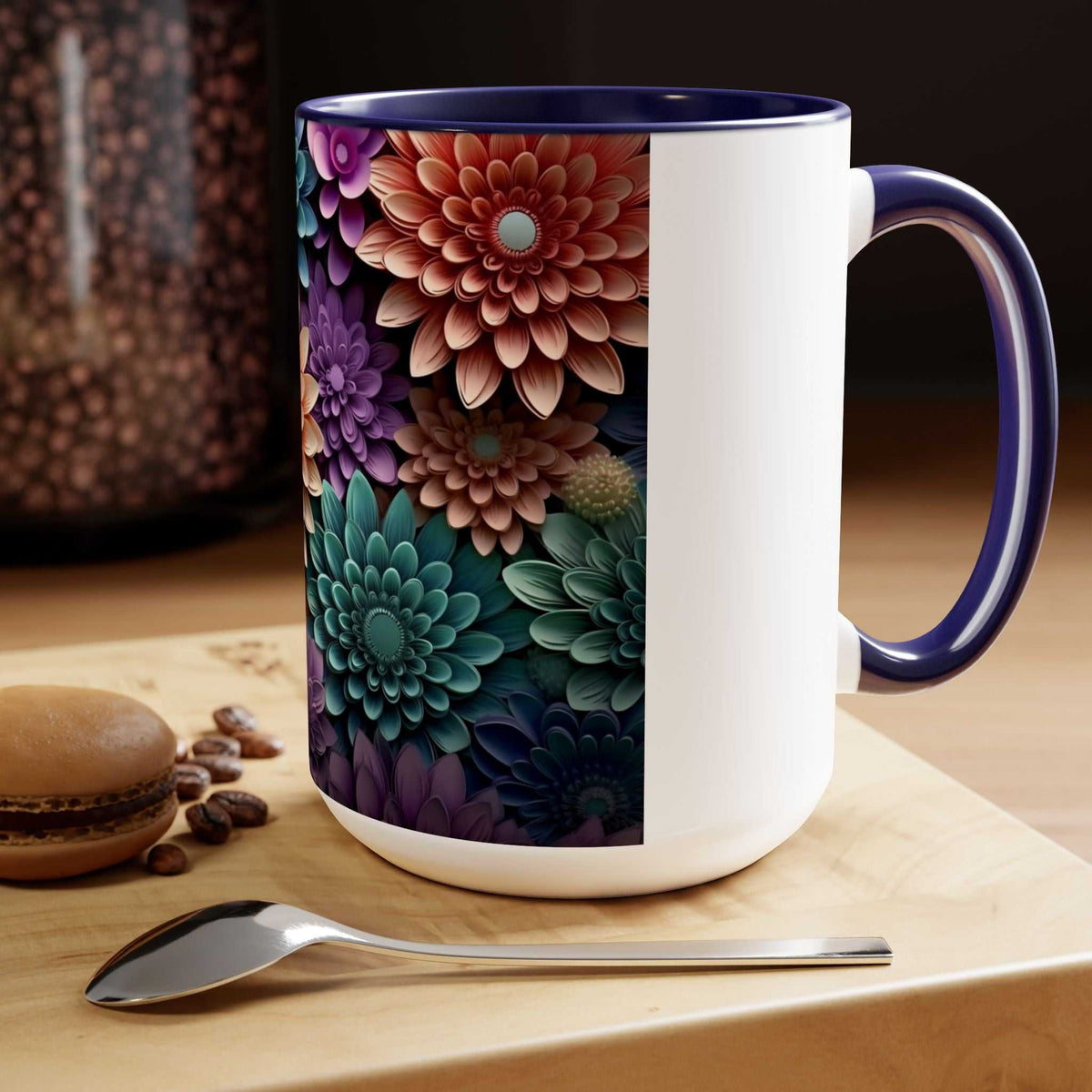 Floral Two-Tone Coffee Mugs, 15oz