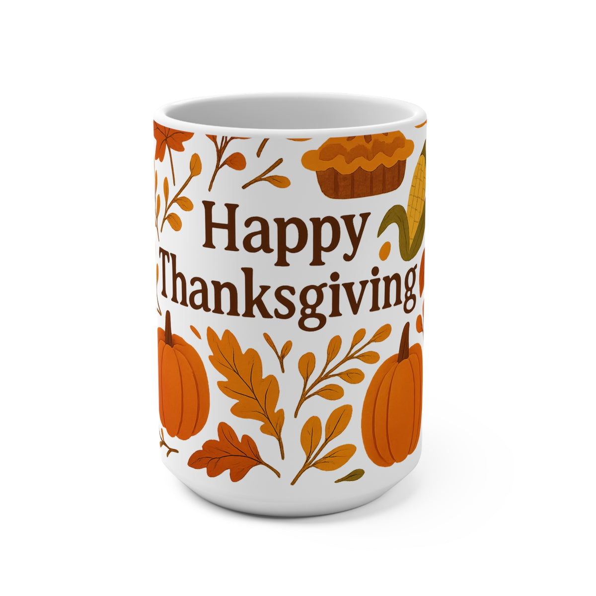 White mug with 'Happy Thanksgiving' text and autumnal designs on a white background