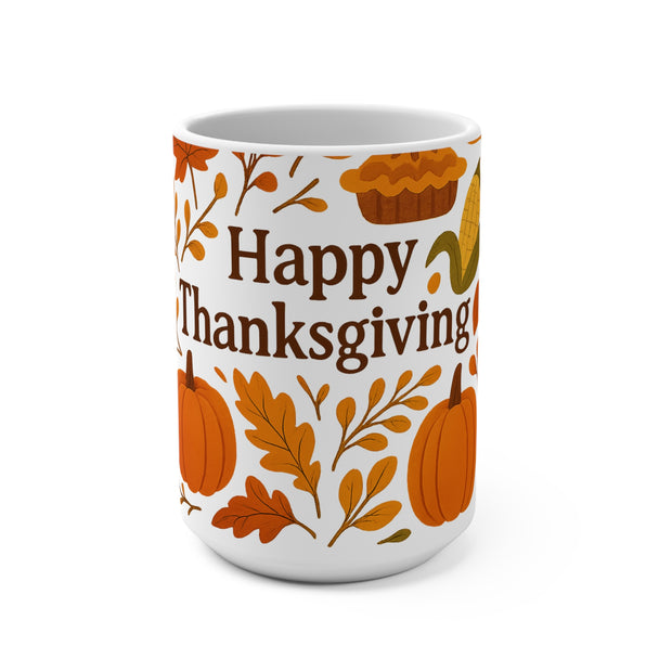 White mug with 'Happy Thanksgiving' text and autumnal designs on a white background