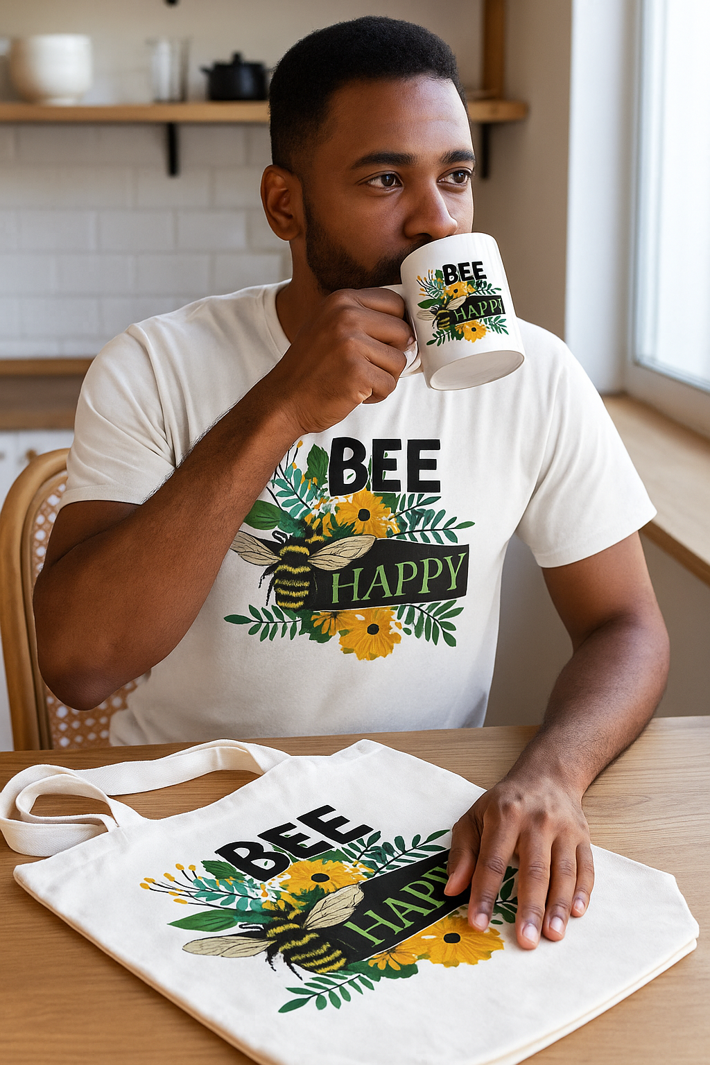Bee Happy Bundle that includes a Bee Happy Ceramic Mug, Bee Happy Unisex T-shirt and Bee Happy Tote Bag