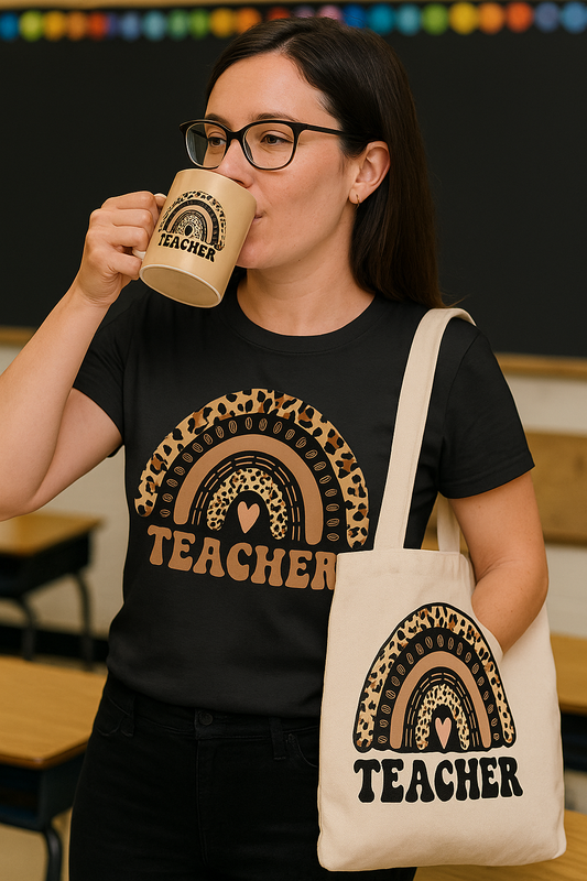 Leopard Print Teacher Bundle to include a mug, t-shirt and tote bag