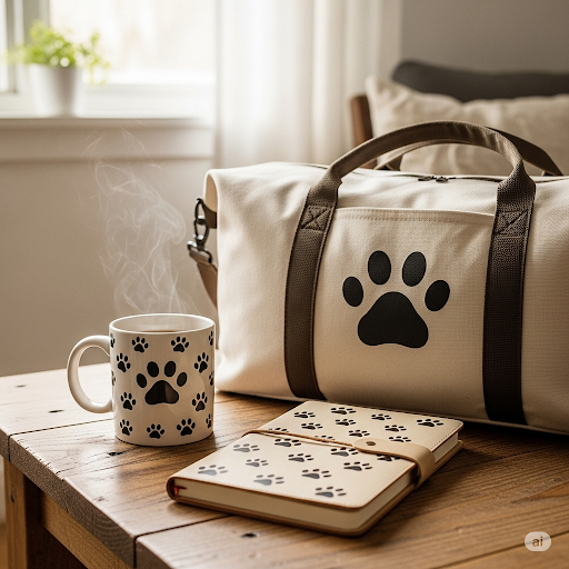 Beige duffel bag with black paw print, white mug with black paw prints, and notebook with paw prints on a wooden surface.