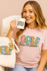 Self-Care Matters Bundle includes a short sleeve t-shirt, accent ceramic coffee mug and AOP Tote bag