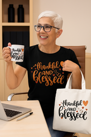 Thankful and Blessed Bundle which includes a Thankful and Blessed mug, unisex heavy cotton t-shirt and AOP tote bag