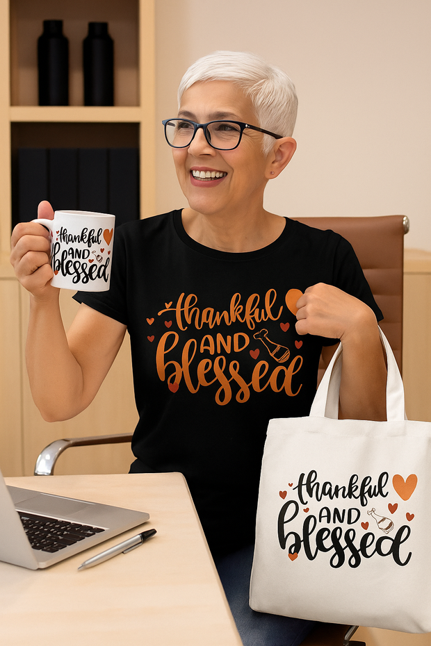 Thankful and Blessed Bundle which includes a Thankful and Blessed mug, unisex heavy cotton t-shirt and AOP tote bag